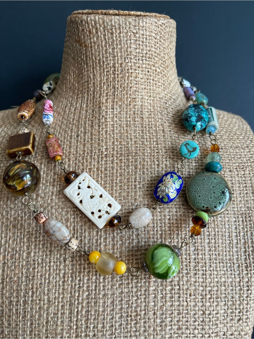 Multicolor Chinese turquoise,bone ,ceramic ,cloisonne,glass Statement Necklace.
